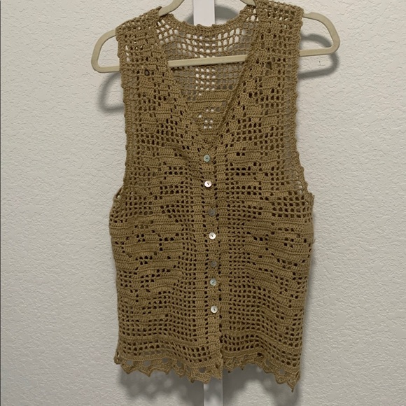 Y2K Crochet Tan Sleeveless Cardigan - Picture 3 of 7